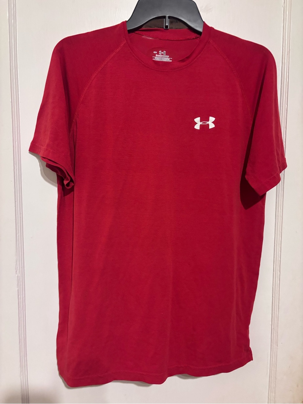 Men’s Under Armour Red Short Sleeve Athletic Tee with White Logo